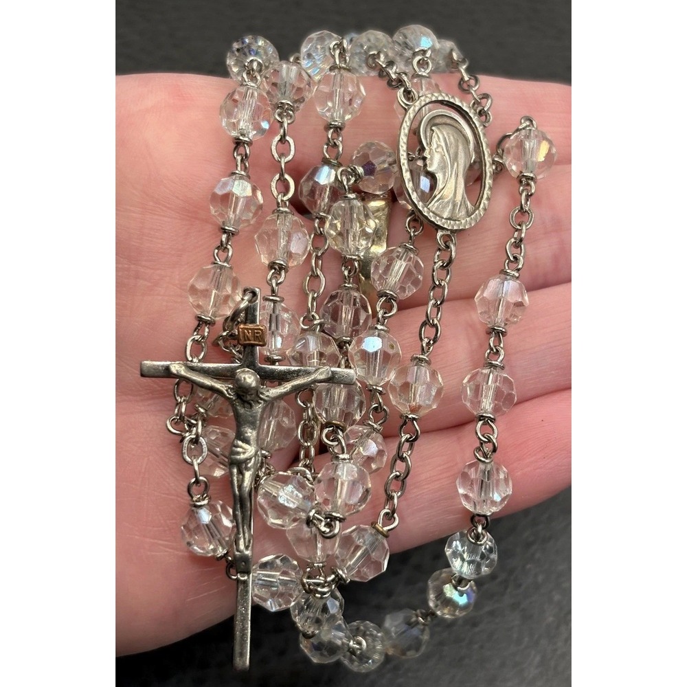VTG Chapel Sterling Silver AB Crystal Bead Rosary 30" Necklace Madonna Crucifix